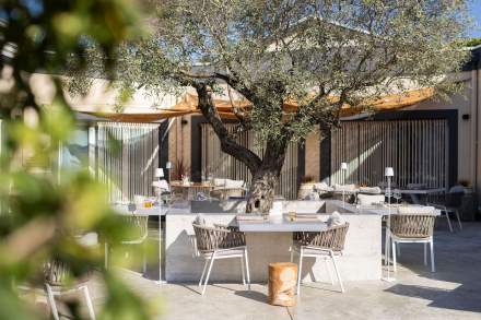 Image de la terrasse exterieur avec arbres et tables autour. Restaurant Le Saint Hilaire, Restaurant Gastronomique Gard